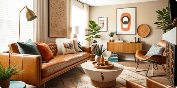 Sala de estar com sofá e decoração em estilo contemporâneo