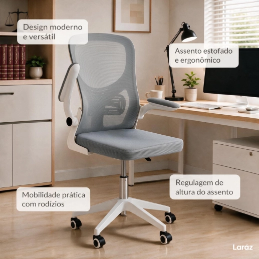 Cadeira Bytes para escritório com base branca e rodizios - Cinza Claro Produto Cadeira Bytes para escritório com base branca e rodizios - Cinza Claro
