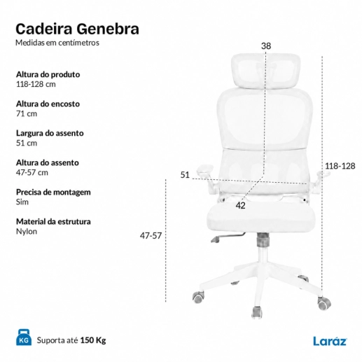Cadeira de Escritório Presidente Genebra Mesh Ergonômica - Branco Produto Cadeira de Escritório Presidente Genebra Mesh Ergonômica - Branco