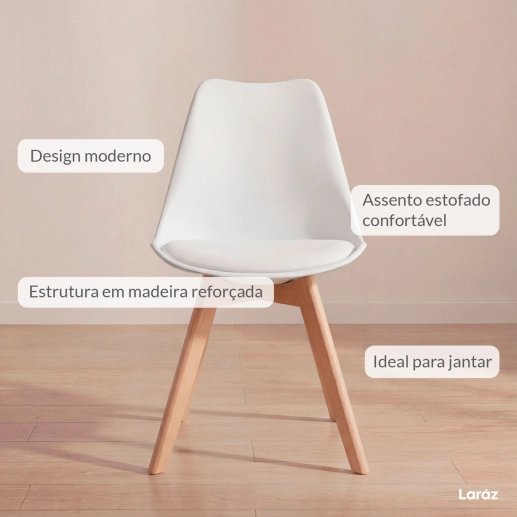 Produto Cadeira de jantar Leda com assento estofado e design moderno - Branco