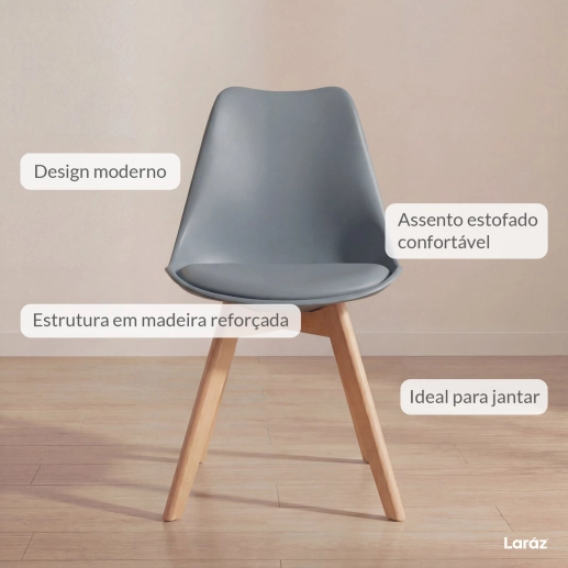 Produto Cadeira de jantar Leda com assento estofado e design moderno - Cinza escuro