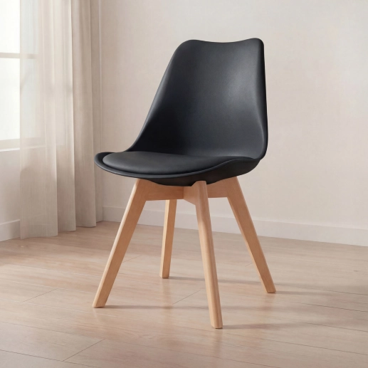 Cadeira de jantar Leda com assento estofado e design moderno - Preto Produto Cadeira de jantar Leda com assento estofado e design moderno - Preto