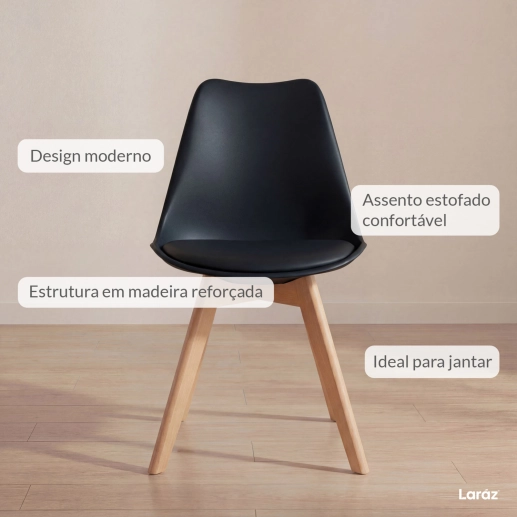 Cadeira de jantar Leda com assento estofado e design moderno - Preto Produto Cadeira de jantar Leda com assento estofado e design moderno - Preto