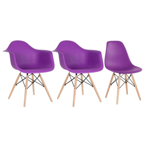 Produto Conjunto 2 x cadeiras Eames Daw com braços + 1 cadeira Eiffel Dsw - Roxo