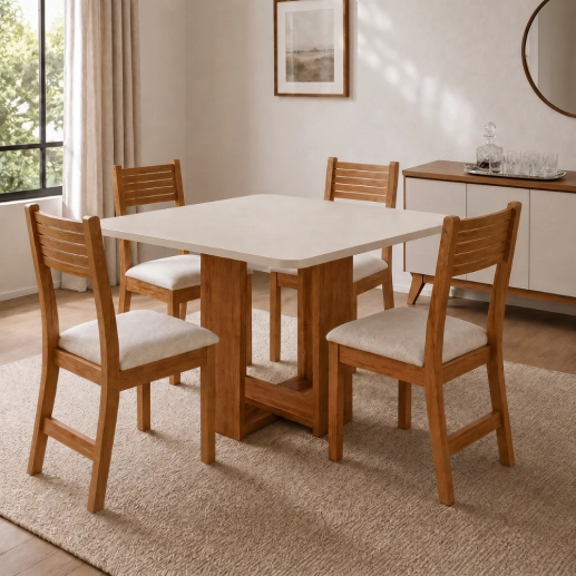 Produto Conjunto Sala de Jantar Mesa Quadrada Marselha com 4 Cadeiras Estofadas Nice Laráz