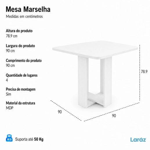 Produto Conjunto Sala de Jantar Mesa Quadrada Marselha com 4 Cadeiras Estofadas Nice Laráz