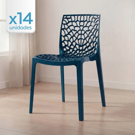 Produto Kit 14 Cadeiras de jantar Gruvyer com design contemporâneo e anatômico - Azul petróleo