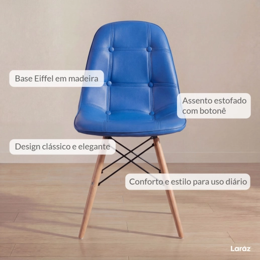 Kit 2 Cadeiras de jantar Charles Eames Eiffel Botonê Estofada - Azul Produto Kit 2 Cadeiras de jantar Charles Eames Eiffel Botonê Estofada - Azul