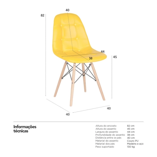 Produto Kit 2 Cadeiras de jantar Charles Eames Eiffel Botonê Estofada - Amarelo