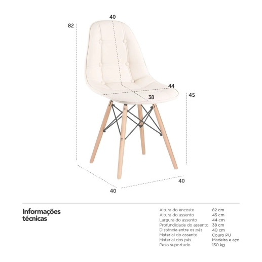 Produto Kit 2 Cadeiras de jantar Charles Eames Eiffel Botonê Estofada - Creme