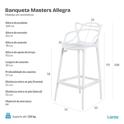 Kit 3 Banquetas alta para bancada Master Allegra em Polipropileno 78 cm - Branco Produto Kit 3 Banquetas alta para bancada Master Allegra em Polipropileno 78 cm - Branco