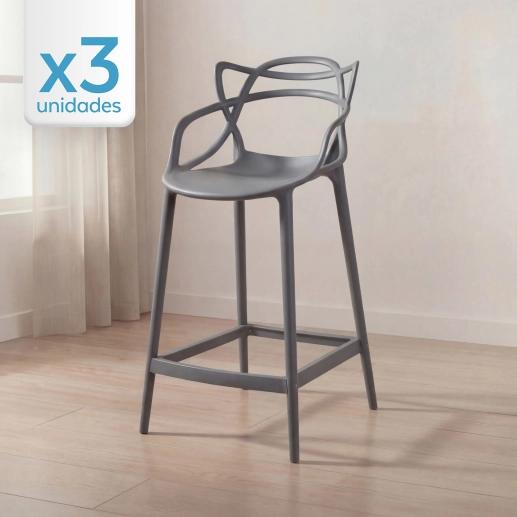 Kit 3 Banquetas média para bancada Master Allegra em Polipropileno 66 cm - Cinza Escuro Produto Kit 3 Banquetas média para bancada Master Allegra em Polipropileno 66 cm - Cinza Escuro