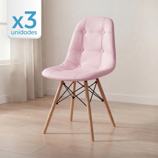 Produto Kit 3 Cadeiras de jantar Charles Eames Eiffel Botonê Estofada – Rosa