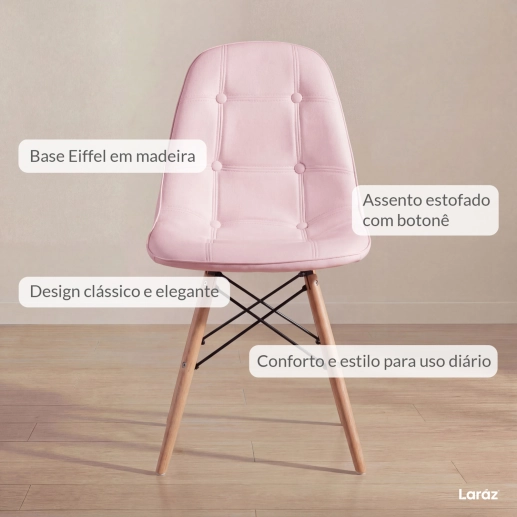 Produto Kit 3 Cadeiras de jantar Charles Eames Eiffel Botonê Estofada – Rosa