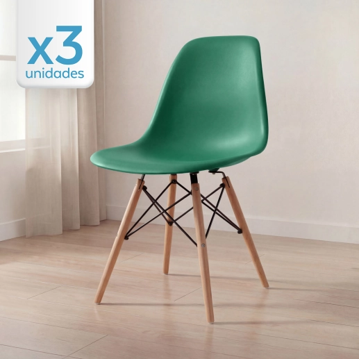 Kit 3 Cadeiras de jantar Charles Eames Eiffel DSW em Polipropileno - Verde escuro Produto Kit 3 Cadeiras de jantar Charles Eames Eiffel DSW em Polipropileno - Verde escuro