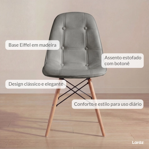 Produto Kit 4 Cadeiras de jantar Charles Eames Eiffel Botonê Estofada - Cinza