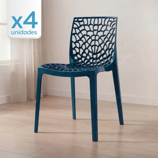 Produto Kit 4 Cadeiras de jantar Gruvyer com design contemporâneo e anatômico - Azul petróleo