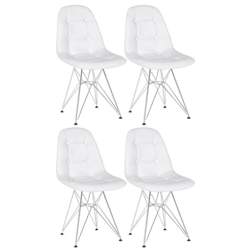 Kit 4 Cadeiras estofada Charles Eames Eiffel Botonê DKR com pés de metal cromado - Branco Produto Kit 4 Cadeiras estofada Charles Eames Eiffel Botonê DKR com pés de metal cromado - Branco