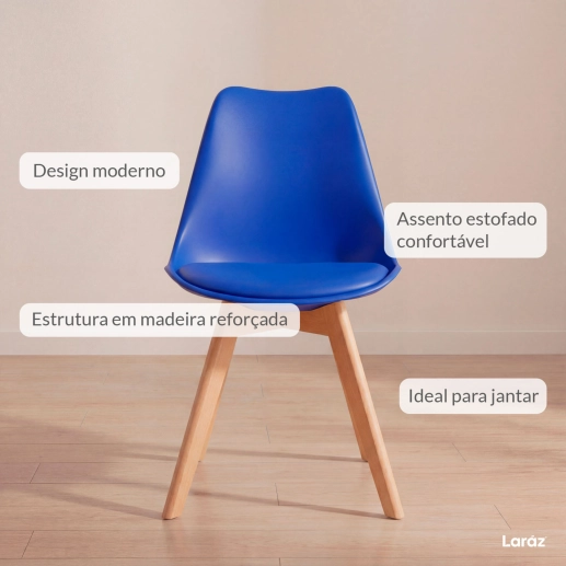 Kit 5 Cadeiras de jantar Leda com assento estofado e design moderno - Azul Bic Produto Kit 5 Cadeiras de jantar Leda com assento estofado e design moderno - Azul Bic