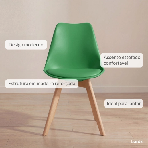 Produto Kit 5 Cadeiras de jantar Leda com assento estofado e design moderno - Verde bandeira