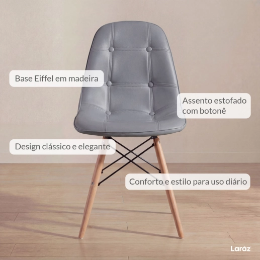 Kit 6 Cadeiras de jantar Charles Eames Eiffel Botonê Estofada - Cinza escuro Produto Kit 6 Cadeiras de jantar Charles Eames Eiffel Botonê Estofada - Cinza escuro