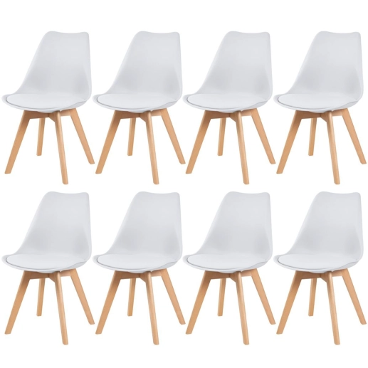 kit 8 Cadeiras de jantar Leda com assento estofado e design moderno - Branco Produto kit 8 Cadeiras de jantar Leda com assento estofado e design moderno - Branco