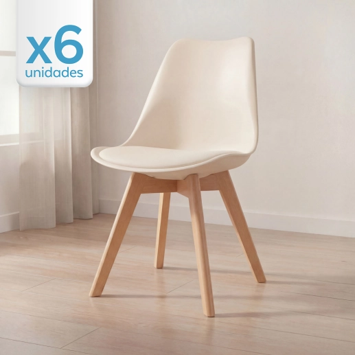 Kit 6 cadeiras de jantar Leda com assento estofado e design moderno – Creme Produto Kit 6 cadeiras de jantar Leda com assento estofado e design moderno – Creme