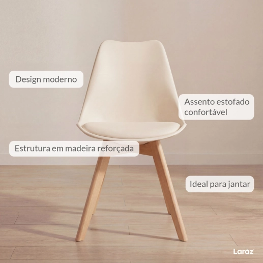 Kit 6 cadeiras de jantar Leda com assento estofado e design moderno – Creme Produto Kit 6 cadeiras de jantar Leda com assento estofado e design moderno – Creme