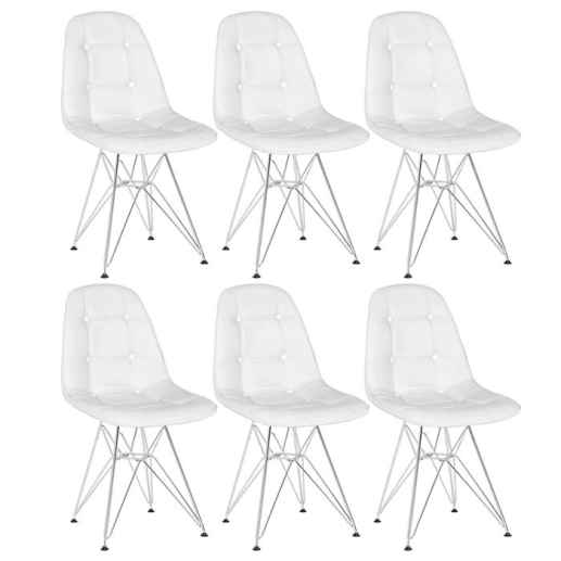Kit 6 Cadeiras estofada Charles Eames Eiffel Botonê DKR com pés de metal cromado - Branco Produto Kit 6 Cadeiras estofada Charles Eames Eiffel Botonê DKR com pés de metal cromado - Branco