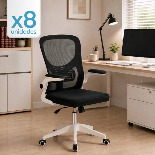 Produto Kit 8 Cadeiras Bytes para escritório com base branca e rodizios - Preto