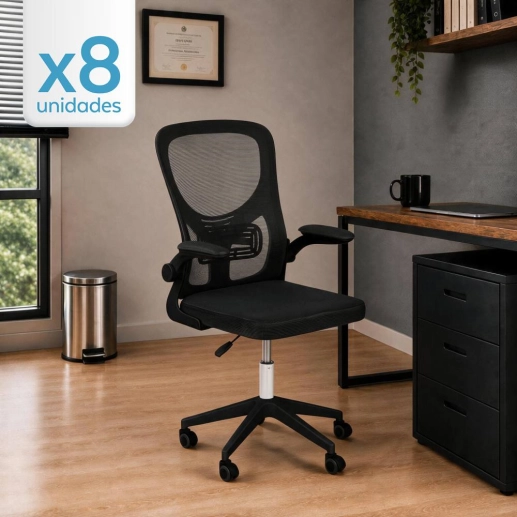 Produto Kit 8 Cadeiras Bytes para escritório com base preta e rodizios - Preto