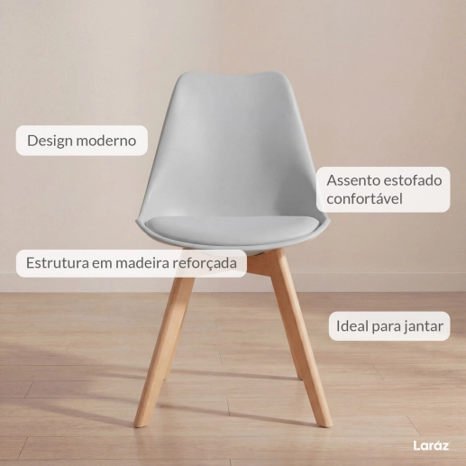 Kit 8 Cadeiras de jantar Leda com assento estofado e design moderno - Cinza claro Produto Kit 8 Cadeiras de jantar Leda com assento estofado e design moderno - Cinza claro