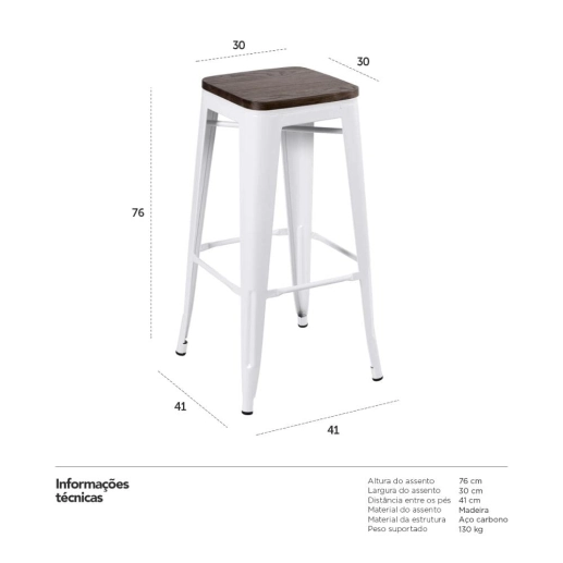 Produto Kit com 2 Banquetas altas Iron Tolix com assento de madeira rústica escura - 76 cm - Branco