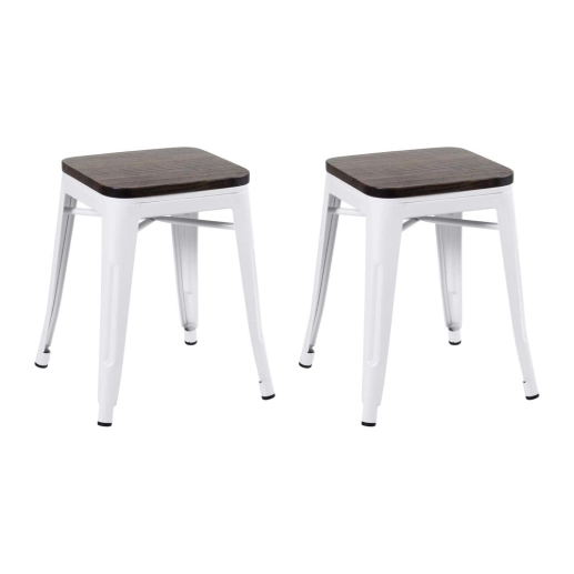 Kit com 2 Banquetas baixas Iron Tolix com assento de madeira rústica escura - Branco Produto Kit com 2 Banquetas baixas Iron Tolix com assento de madeira rústica escura - Branco