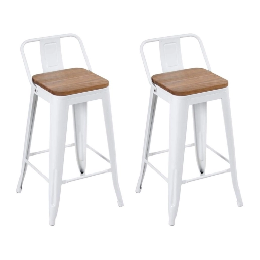 Produto Kit com 2 Banquetas Iron Tolix com encosto e assento de madeira rústica clara 61 cm - Branco