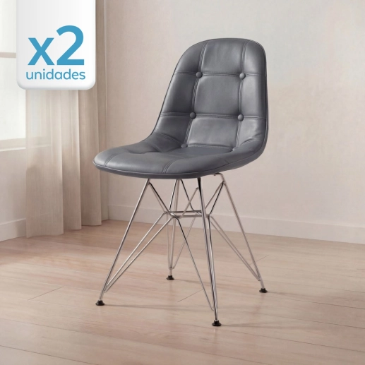 Produto Kit com 2 Cadeiras estofadas Charles Eames Eiffel Botonê DKR com pés de metal cromado - Cinza escuro