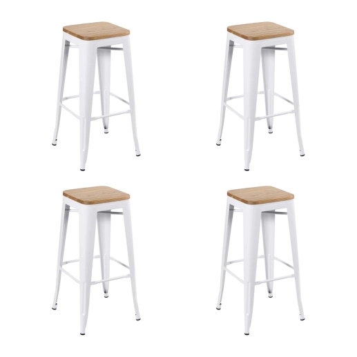 Produto Kit com 4 Banquetas altas Iron Tolix com assento de madeira rústica clara 76 cm - Branco