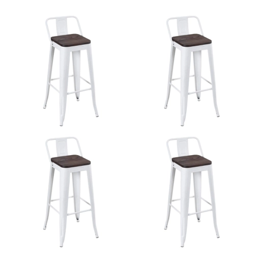 Produto Kit com 4 Banquetas altas Iron Tolix com encosto e assento de madeira rústica escura - Branco
