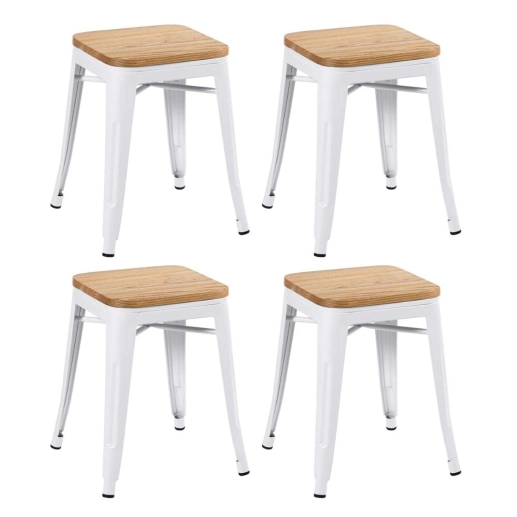 Kit com 4 Banquetas baixas Iron Tolix com assento de madeira rústica clara 45 cm - Branco Produto Kit com 4 Banquetas baixas Iron Tolix com assento de madeira rústica clara 45 cm - Branco