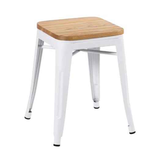 Kit com 4 Banquetas baixas Iron Tolix com assento de madeira rústica clara 45 cm - Branco Produto Kit com 4 Banquetas baixas Iron Tolix com assento de madeira rústica clara 45 cm - Branco