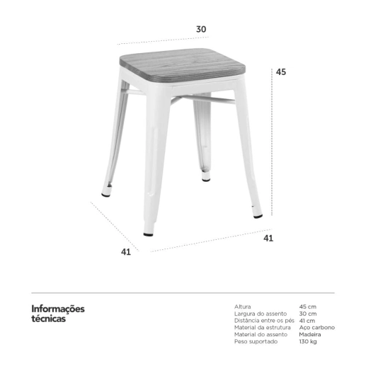 Kit com 4 Banquetas baixas Iron Tolix com assento de madeira rústica clara 45 cm - Branco Produto Kit com 4 Banquetas baixas Iron Tolix com assento de madeira rústica clara 45 cm - Branco