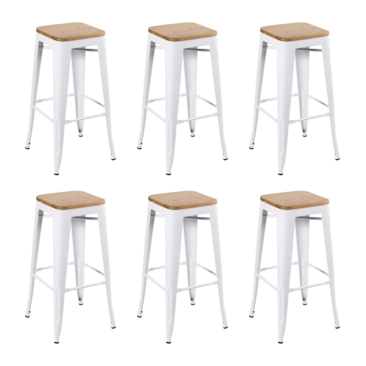 Kit com 6 Banquetas altas Iron Tolix com assento de madeira rústica clara 76 cm - Branco Produto Kit com 6 Banquetas altas Iron Tolix com assento de madeira rústica clara 76 cm - Branco
