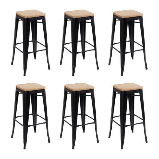 Produto Kit com 6 Banquetas altas Iron Tolix com assento de madeira rústica clara 76 cm - Preto
