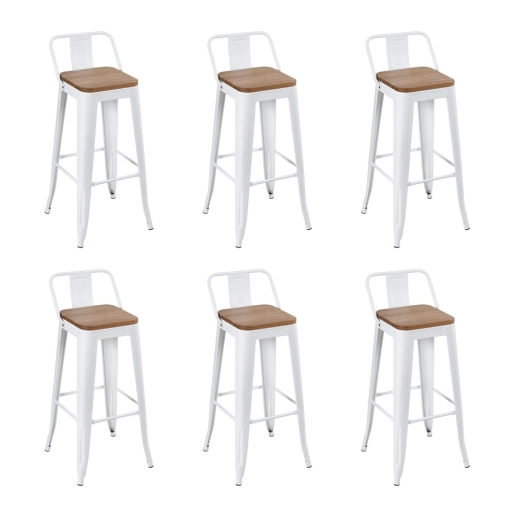 Produto Kit com 6 Banquetas altas Iron Tolix com encosto e assento de madeira rústica clara 76 cm - Branco