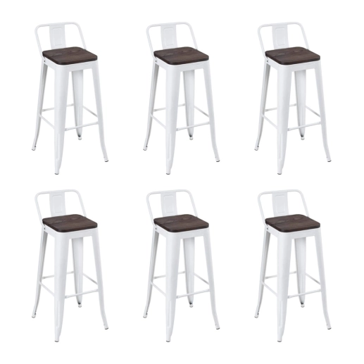 Produto Kit com 6 Banquetas altas Iron Tolix com encosto e assento de madeira rústica escura - Branco