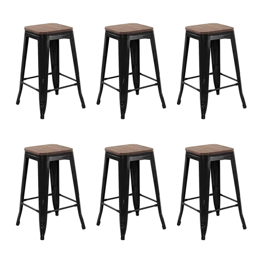 Produto Kit com 6 Banquetas Iron Tolix com assento de madeira rústica escura - 66 cm - Preto