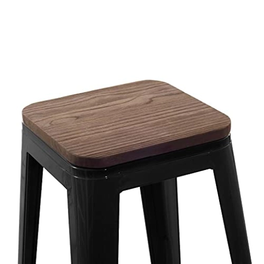 Produto Kit com 6 Banquetas Iron Tolix com assento de madeira rústica escura - 66 cm - Preto