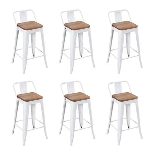 Produto Kit com 6 Banquetas Iron Tolix com encosto e assento de madeira rústica clara 61 cm - Branco