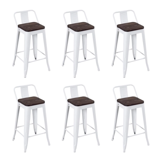 Kit com 6 Banquetas Iron Tolix com encosto e assento de madeira rústica escura Kit 66 cm Kit Branco Produto Kit com 6 Banquetas Iron Tolix com encosto e assento de madeira rústica escura Kit 66 cm Kit Branco