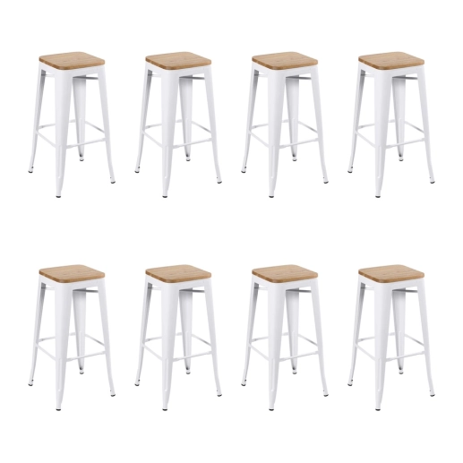 Kit com 8 Banquetas altas Iron Tolix com assento de madeira rústica clara 76 cm - Branco Produto Kit com 8 Banquetas altas Iron Tolix com assento de madeira rústica clara 76 cm - Branco